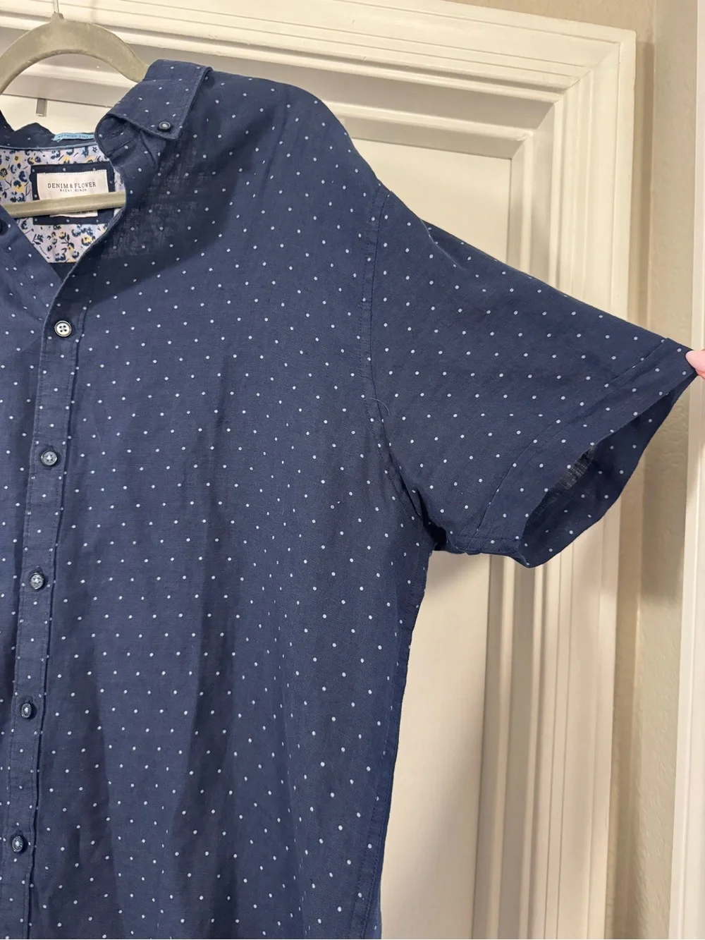 Denim & Flower 100% Linen Navy Short-Sleeve Dot Button-Down Shirt